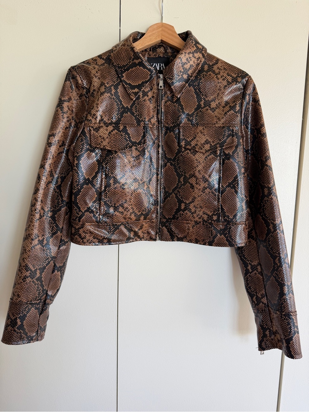 Zara Brown Snake-Print Cropped Faux Leather Jacket
